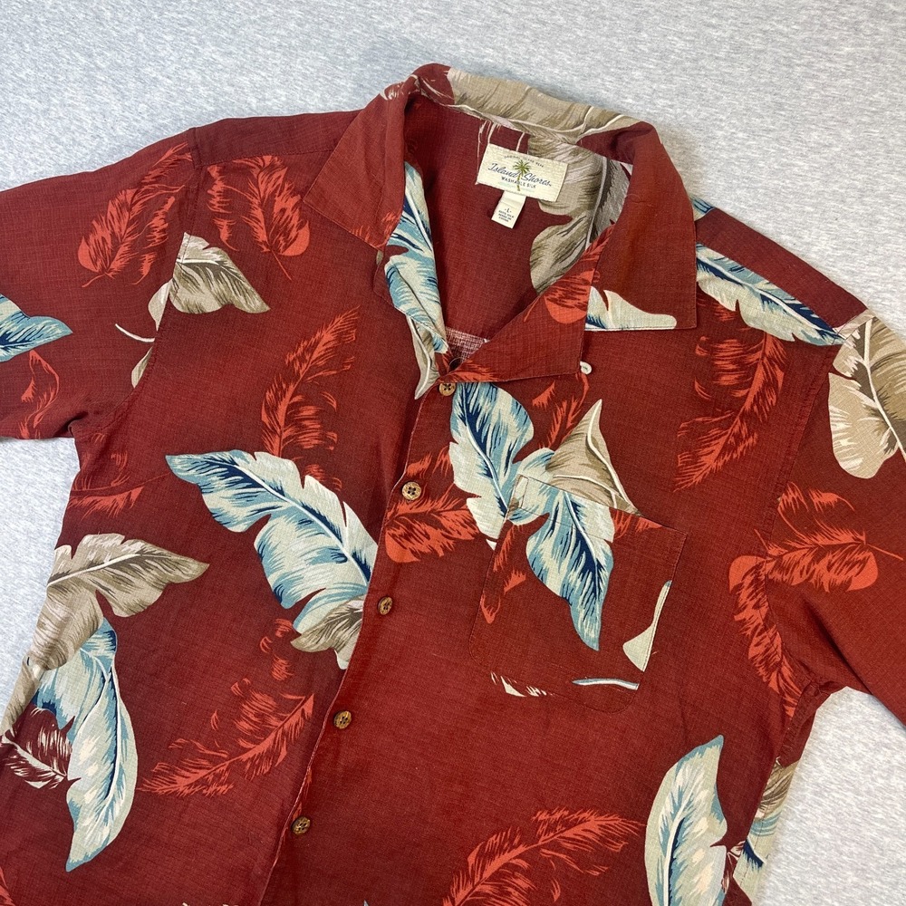 Island Shores Hawaiian Shirt Mens Large L Washable Silk Red Leaf Tropical Camp - Picture 3 of 10